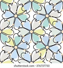 Seamless vector pattern. Large print: flowers on white background. Blue, yellow, green pastel colors. Abstract design. Flat simple minimalistic style 