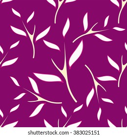 Seamless vector pattern. Large print: branch and leaves on purple background. Abstract design. Flat simple minimalistic style