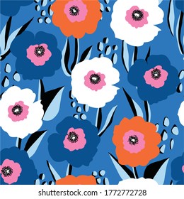 Seamless vector pattern large red white and blue flowers. Repeating floral background Scandinavian style. Use for fabric, wallpaper, 4th of July decor