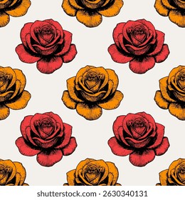 Seamless vector pattern with large red and yellow roses on a gray background. Vintage floral background for printing on fabrics, textiles, paper, wallpaper and other surfaces.