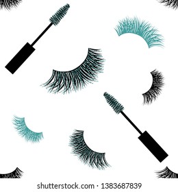 Seamless Vector Pattern with Lashes and Mascara with glitter effect