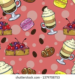 Seamless vector pattern with latte, coffee, cake and macaroon on red background.Good for printing. Wallpaper, textile or fabric design. Wrapping paper pattern. Cute design. 