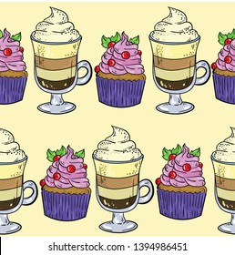 Seamless vector pattern with latte and muffin, cake on blue background with stars. Wallpaper, fabric and textile design. Food pattern. Hand drawn illustration. Wrapping paper cute pattern.