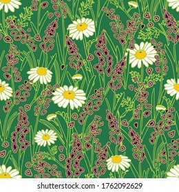 Seamless vector pattern with lavender and chamomile field on green background. Herbal floral wallpaper design. Nature fashion textile.