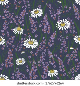 Seamless vector pattern with lavenders and chamomiles on blue background. Beautiful floral wallpaper design with flower meadow.