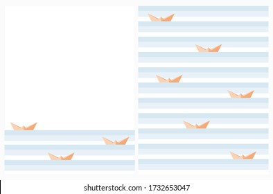 Seamless Vector Pattern and Layoyt with Orange Paper Ships and Sea Made of Light Blue Stripes. Simple Origami Boat. Abstract Waves and Orange Paper Boats. Marine Backdrop.