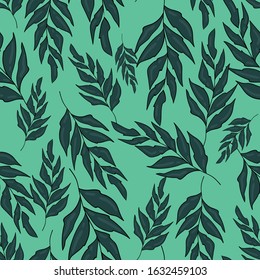Seamless vector pattern with leaf, branch with leaves on green background. Wallpaper, textile and fabric design. Good for printing. Cute floral wrapping paper pattern.