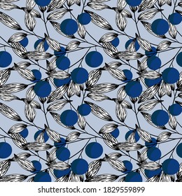 Seamless vector pattern with leaf branches and blue berries