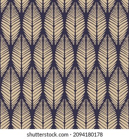 Seamless vector pattern with leaf texture on purple background. Modern botanical wallpaper design. Decorative foliage fashion textile.