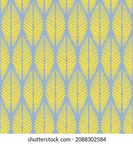 Seamless vector pattern with leaf vine texture on blue background. Simple tropical palm leaf wallpaper design. Decorative boho fashion textile.