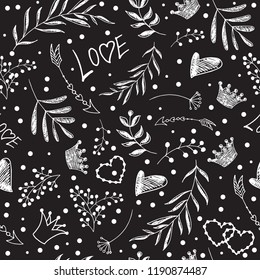 Seamless vector pattern. Leaflets, arrows, crowns, berries, hearts, love. Dark background. Vector illustration. Black and white pattern.