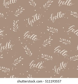 Seamless Vector pattern with leafy branches and word "hello" in pastel tones.