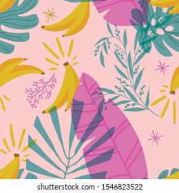Seamless vector pattern. Vector leaves and banana pattern. Pink background with banana leaves.