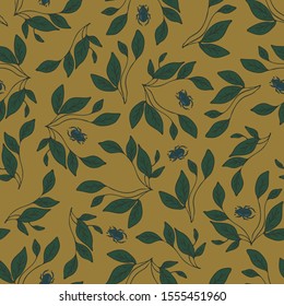 Seamless vector pattern with leaves and beetles on beige background. Floral wallpaper design with bugs. Simple nature fashion textile.