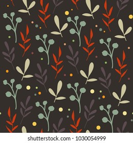 Seamless vector pattern with leaves and berries. Autumn colors pattern for textile design, wallpapers and wrapping paper.