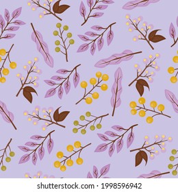 Seamless vector pattern with leaves and berries on purple background.Part of Christmas backgrounds collection. Can be used for wallpaper, pattern fills, surface textures, fabric prints.