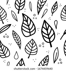 Seamless vector pattern. Leaves with a black outline on a white background.Botanical wrapping paper, textile, background flat design