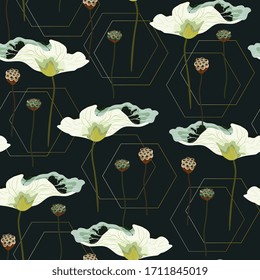 Seamless vector pattern with leaves, boxes with lotus seeds and geometric shapes on a black background. Abstract minimal square pattern for fabric, wallpaper and design.