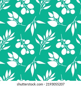 Seamless vector pattern with leaves and branches. White floral elements on a green background. 