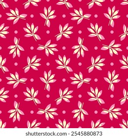 Padrão de vetor sem emenda com folhas e pontos em fundo rosa. Impressão botânica elegante para roupas, têxteis, tecido, papel, papel de parede, envoltório.