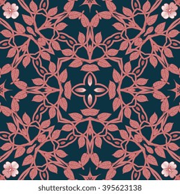 Seamless vector pattern with leaves and flowers. Floral kerchief. Bandana print or silk neck scarf with beautiful ornament from flowers. Lovely tablecloth.