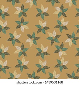 A seamless vector pattern with leaves forming pinwheel shapes. Surface print design.