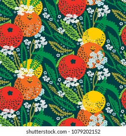 Seamless vector pattern of leaves of fruits and flowers. Citrus background. Summer decorative painted texture from tropical bright plants.