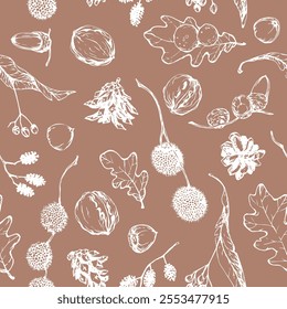 
Seamless vector pattern of leaves and fruits, white linear drawing on beige background, oak leaves, fruits of linden, oak, sycamore, walnut, pine, alder.