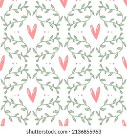 Seamless vector pattern with leaves and hearts on a white background.