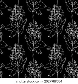 Seamless vector pattern of leaves. Lianas made of leaves.Garden hydrangea. A white outline on a black background. For decorating fabric, paper, packaging, wallpaper. Black and white graphics. 