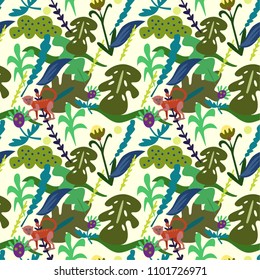 seamless vector pattern with leaves and monkey, tropical ornament