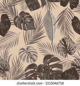 Seamless vector pattern of leaves monstera, tropical jungle leaves of palm tree. Plant background. 