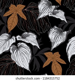 Seamless vector pattern of leaves on a dark background. Graphic, bright and fashionable.