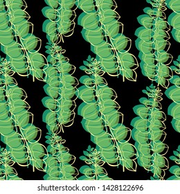 Seamless vector pattern of leaves on black background. Green leaf. Silhouette of leaves. The outline of the leaves. For decor fabric, packaging, paper, Wallpaper.