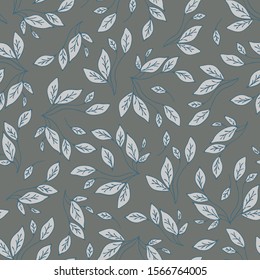 Seamless vector pattern with leaves on grey silver background. Wallpaper design with light leaf. ideal for bedding, curtains, home decor.