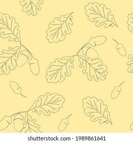  Seamless vector pattern with leaves on a beige background. Design for background, page, textile, web. Botanical drawing of continuous lines of oak leaves.