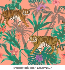 Seamless vector pattern with leaves, palms, flowers, tigers.