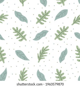 Seamless vector pattern with leaves and polka dots. Spring illustration. Simple hand-drawn kids style. Pretty ditsy for fabric, textile, wallpaper. Digital paper in white background