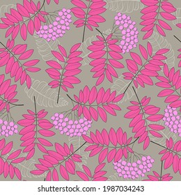 Seamless vector pattern of leaves and rowan branches, perfect for wallpaper, fabric, textile, gift wrapping. 
