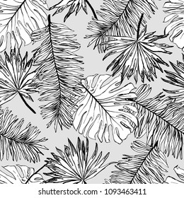 Seamless vector pattern with leaves of tropical plants.