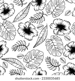 Seamless vector pattern with leaves of tropical plants. Leaves and hibiscus flowers