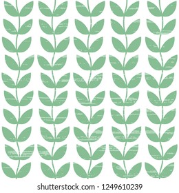 Seamless vector pattern with leaves, vertical branches. Pastel green and white floral background with light texture for textile, surface, fabric design.