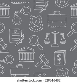 Seamless vector pattern of Legal icons on gray background, hand-drawn.