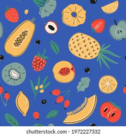 Seamless vector pattern with lemon, broccoli, apple, kiwi, papaya, strawberry, black currant and other. Vitamin C sources, healfy food, Fruits, vegetables and berries collection on blue background.