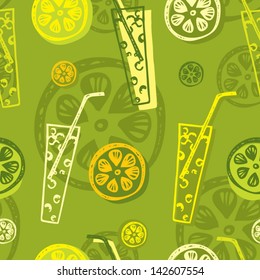 Seamless vector pattern with lemon and cocktail on the green background