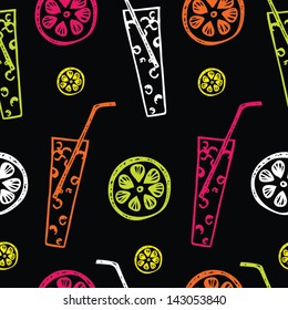 Seamless vector pattern with lemon and cocktail on the black background