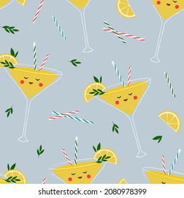 Seamless vector pattern with lemon cocktails in cartoon style