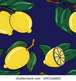 Seamless vector pattern with lemon and leaves on blue background. Wallpaper, fabric and textile design. Wrapping paper pattern with coffee. Good for printing.