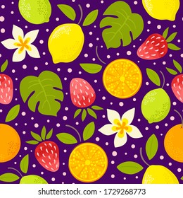 Seamless vector pattern with lemon, lime, orange, strawberry, tropical flower and leaf.