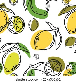 Seamless vector pattern with lemon and lime. Hand drawn doodle outline black with green and yellow elements added. Botanical print on fabric fabric, wrapping paper, banner, menu design. Citrus harvest